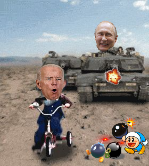 Putin's tank chasing Biden on tricycle Blank Meme Template