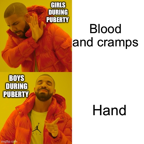 Drake Hotline Bling Meme | Blood and cramps; GIRLS DURING PUBERTY; BOYS DURING PUBERTY; Hand | image tagged in memes,drake hotline bling | made w/ Imgflip meme maker