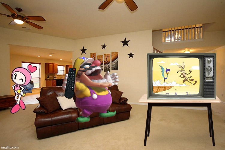 Wario gets scared to death by Pink Bomber while watching Looney Tunes.mp3 | image tagged in bomberman,wario dies,wario,looney tunes,prank | made w/ Imgflip meme maker
