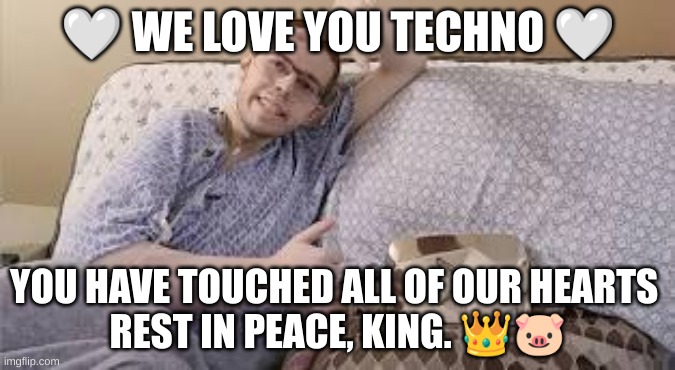 sad day for the stream... i hope his family is alright. rest in peace Alex. | 🤍 WE LOVE YOU TECHNO 🤍; YOU HAVE TOUCHED ALL OF OUR HEARTS 
REST IN PEACE, KING. 👑🐷 | made w/ Imgflip meme maker