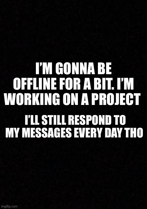 Blank  | I’M GONNA BE OFFLINE FOR A BIT. I’M WORKING ON A PROJECT; I’LL STILL RESPOND TO MY MESSAGES EVERY DAY THO | image tagged in blank | made w/ Imgflip meme maker