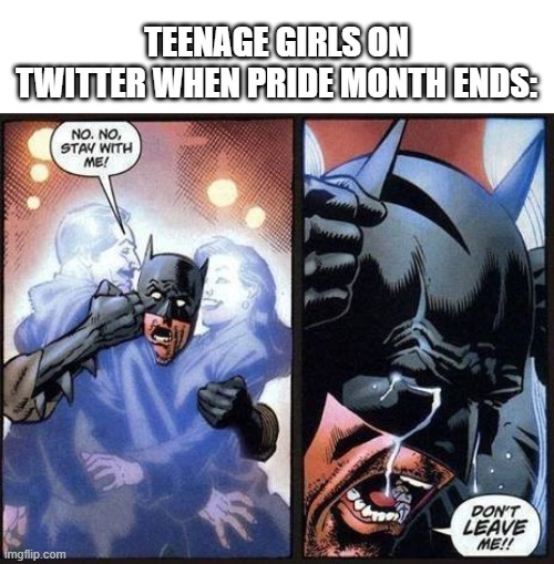 In other news, the sky is blue, the grass is green, and Canada Day is upon us | TEENAGE GIRLS ON TWITTER WHEN PRIDE MONTH ENDS: | image tagged in batman don't leave me,pride month,twitter | made w/ Imgflip meme maker