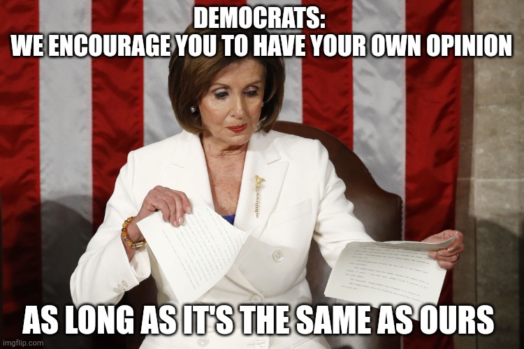 Into The Trash It Goes | DEMOCRATS: 
WE ENCOURAGE YOU TO HAVE YOUR OWN OPINION; AS LONG AS IT'S THE SAME AS OURS | image tagged in into the trash it goes | made w/ Imgflip meme maker