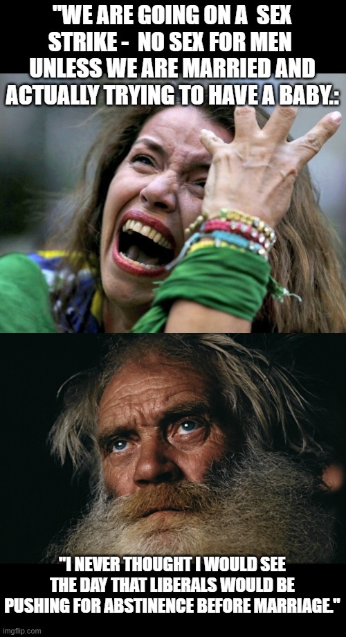 crazy liberal woman says -  then wise old man says- | "WE ARE GOING ON A  SEX STRIKE -  NO SEX FOR MEN  UNLESS WE ARE MARRIED AND ACTUALLY TRYING TO HAVE A BABY.:; "I NEVER THOUGHT I WOULD SEE THE DAY THAT LIBERALS WOULD BE PUSHING FOR ABSTINENCE BEFORE MARRIAGE." | image tagged in stupid liberals,political meme,funny memes,political humor,too funny | made w/ Imgflip meme maker