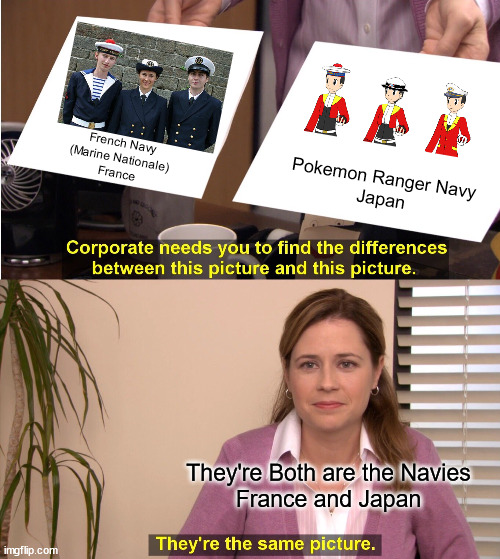French Navy and Pokemon Ranger Navy |  French Navy
(Marine Nationale)
France; Pokemon Ranger Navy
Japan; They're Both are the Navies
France and Japan | image tagged in memes,they're the same picture,sailor,navy,pokemon | made w/ Imgflip meme maker
