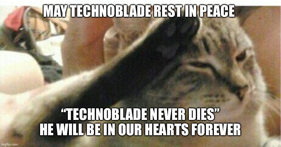 RIP Technoblade |  MAY TECHNOBLADE REST IN PEACE; “TECHNOBLADE NEVER DIES” HE WILL BE IN OUR HEARTS FOREVER | image tagged in cat of honor | made w/ Imgflip meme maker