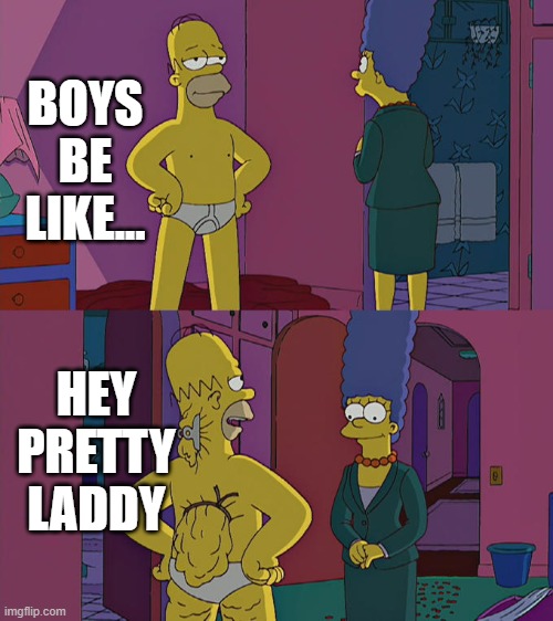 Homer Simpson's Back Fat | BOYS BE LIKE... HEY PRETTY LADDY | image tagged in homer simpson's back fat | made w/ Imgflip meme maker