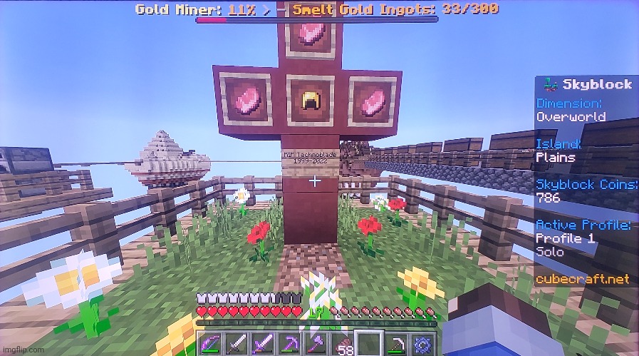 A memorial I made for Technoblade on my skyblock island. | image tagged in rip,celebrity deaths,goodbye,so long nerds,technoblade,memorial | made w/ Imgflip meme maker