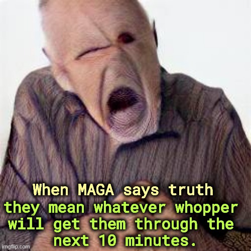 They don't have to believe it themselves. It's just a holding action. | they mean whatever whopper 
will get them through the 
next 10 minutes. When MAGA says truth | image tagged in maga,truth,lie,lies,convenient,hypocrisy | made w/ Imgflip meme maker