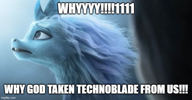sisu... you travel to Aether(heaven), right? Right? | WHYYYY!!!!1111; WHY GOD TAKEN TECHNOBLADE FROM US!!! | image tagged in very sad sisu | made w/ Imgflip meme maker