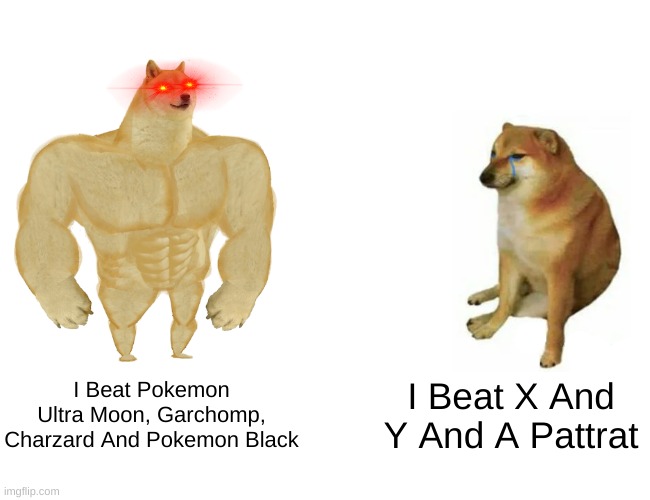 If Your Someone Who Plays Lots Of Pokemon Games, You Know What I Mean. | I Beat Pokemon Ultra Moon, Garchomp, Charzard And Pokemon Black; I Beat X And Y And A Pattrat | image tagged in memes,buff doge vs cheems | made w/ Imgflip meme maker