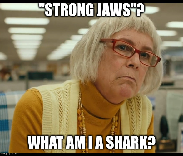 Auditor Bitch | "STRONG JAWS"? WHAT AM I A SHARK? | image tagged in auditor bitch | made w/ Imgflip meme maker