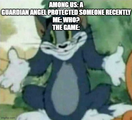 Amogus | AMONG US: A GUARDIAN ANGEL PROTECTED SOMEONE RECENTLY
ME: WHO?
THE GAME: | image tagged in tom i dont know meme | made w/ Imgflip meme maker
