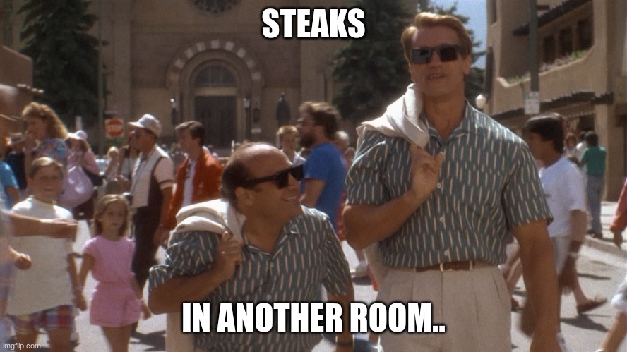 Twins | STEAKS IN ANOTHER ROOM.. | image tagged in twins | made w/ Imgflip meme maker
