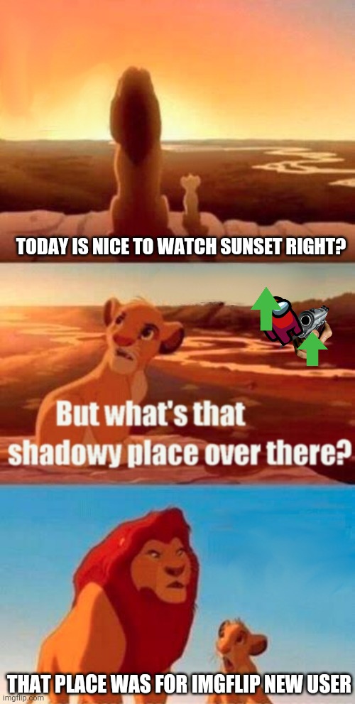 Simbaaaaa | TODAY IS NICE TO WATCH SUNSET RIGHT? THAT PLACE WAS FOR IMGFLIP NEW USER | image tagged in memes,simba shadowy place,funny memes,funny,fun | made w/ Imgflip meme maker