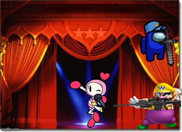 Wario tries to snipe Pink Bomber while she's singing, but completely failed and dies by Cam.mp3 | image tagged in wario dies,wario,bomberman,sniper,stage,ocs | made w/ Imgflip meme maker