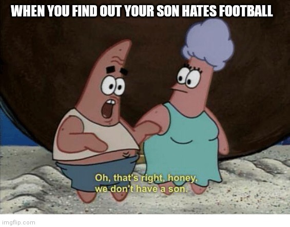 Ftr this is a joke | WHEN YOU FIND OUT YOUR SON HATES FOOTBALL | image tagged in we don't have a son,memes,football | made w/ Imgflip meme maker