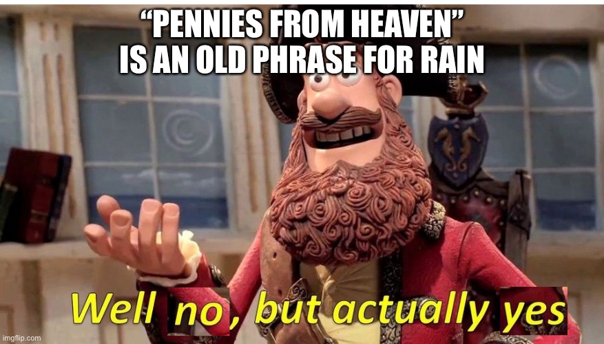 well no but actually yes | “PENNIES FROM HEAVEN” IS AN OLD PHRASE FOR RAIN | image tagged in well no but actually yes | made w/ Imgflip meme maker