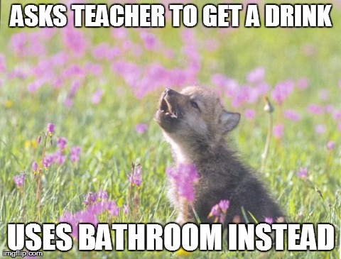 Baby Insanity Wolf | ASKS TEACHER TO GET A DRINK USES BATHROOM INSTEAD | image tagged in memes,baby insanity wolf | made w/ Imgflip meme maker