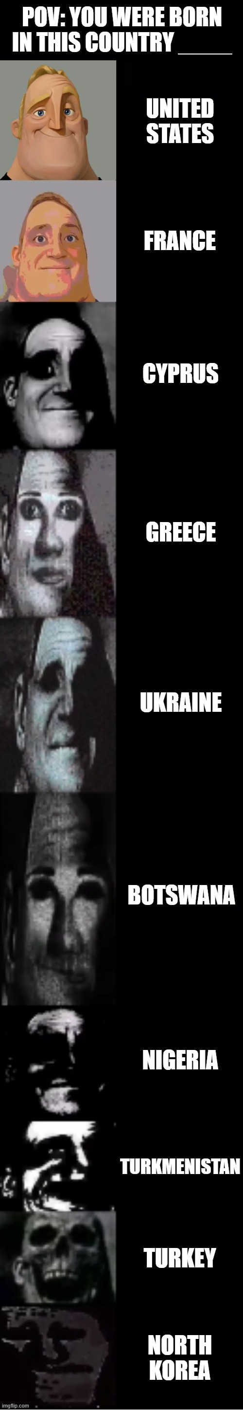 mr incredible becoming uncanny POV: you were born in this country ___ | POV: YOU WERE BORN IN THIS COUNTRY ____; UNITED STATES; FRANCE; CYPRUS; GREECE; UKRAINE; BOTSWANA; NIGERIA; TURKMENISTAN; TURKEY; NORTH KOREA | image tagged in mr incredible becoming uncanny | made w/ Imgflip meme maker