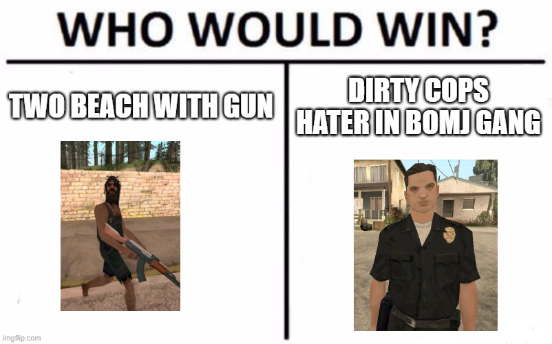 Who Would Win? | TWO BEACH WITH GUN; DIRTY COPS HATER IN BOMJ GANG | image tagged in memes,who would win | made w/ Imgflip meme maker