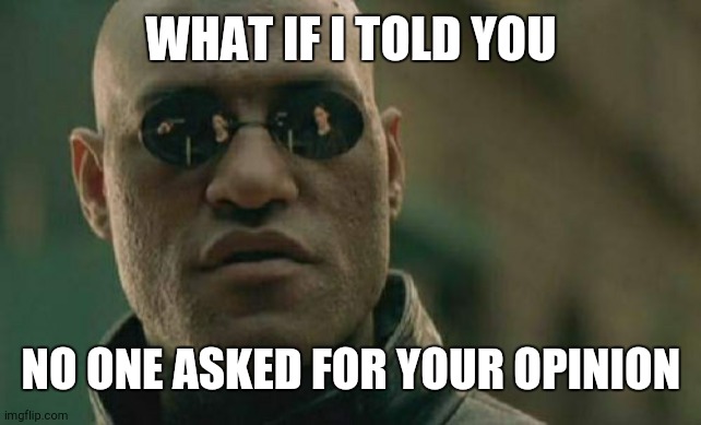 Matrix Morpheus |  WHAT IF I TOLD YOU; NO ONE ASKED FOR YOUR OPINION | image tagged in memes,matrix morpheus | made w/ Imgflip meme maker