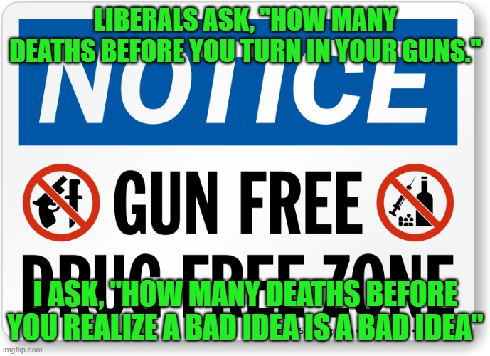 Bad Idea | LIBERALS ASK, "HOW MANY DEATHS BEFORE YOU TURN IN YOUR GUNS."; I ASK, "HOW MANY DEATHS BEFORE YOU REALIZE A BAD IDEA IS A BAD IDEA" | image tagged in guns,gun zones,politics | made w/ Imgflip meme maker