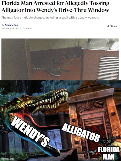 Reposting my own meme with a different template | WENDY'S; ALLIGATOR; FLORIDA MAN | image tagged in guy shooting at spinosaurus,reposting my own,florida man | made w/ Imgflip meme maker
