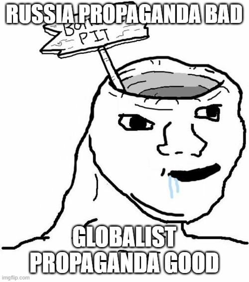 Bottomless Pit Head Wojak | RUSSIA PROPAGANDA BAD GLOBALIST PROPAGANDA GOOD | image tagged in bottomless pit head wojak | made w/ Imgflip meme maker