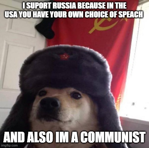 Russian Doge | I SUPORT RUSSIA BECAUSE IN THE USA YOU HAVE YOUR OWN CHOICE OF SPEACH AND ALSO IM A COMMUNIST | image tagged in russian doge | made w/ Imgflip meme maker