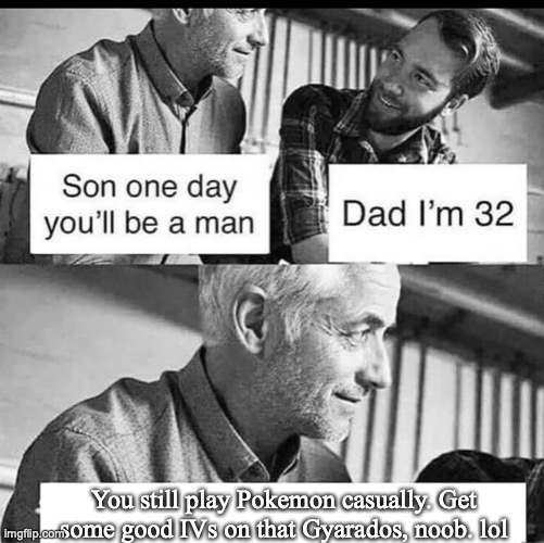 Son one day you'll be a man | You still play Pokemon casually. Get some good IVs on that Gyarados, noob. lol | image tagged in son one day you'll be a man,pokemon | made w/ Imgflip meme maker