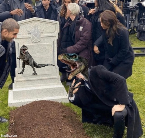 RIP Giga impaled by Therizinosaurus | image tagged in grant gustin over grave,jurassic world dominion | made w/ Imgflip meme maker