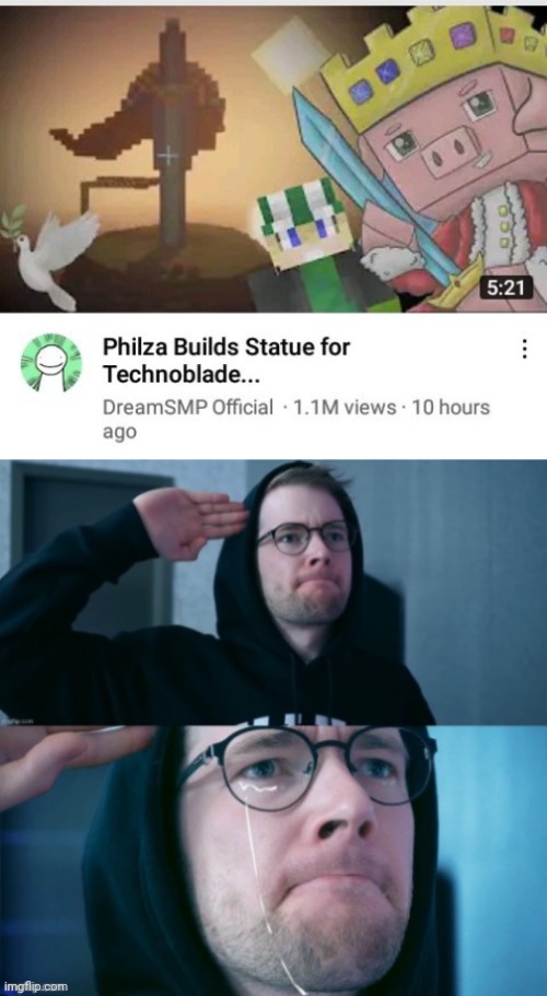 Poor Phil, it feels as if he's more hurt than the other SMP members.. (we'll miss you Techno!) | image tagged in dantdm salute,dream smp,technoblade,youtube,wholesome,memorial | made w/ Imgflip meme maker