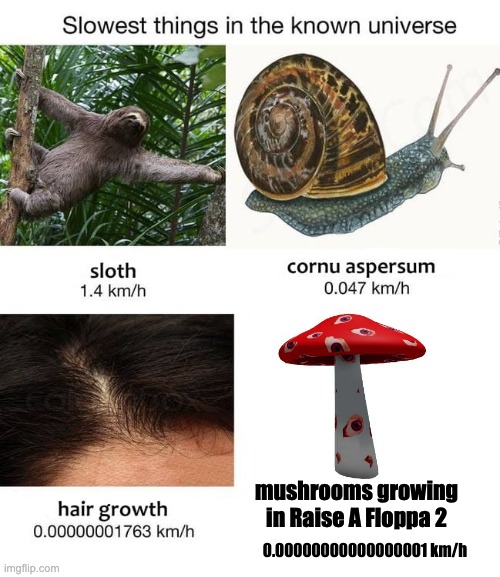torture | mushrooms growing in Raise A Floppa 2; 0.00000000000000001 km/h | image tagged in slowest things | made w/ Imgflip meme maker