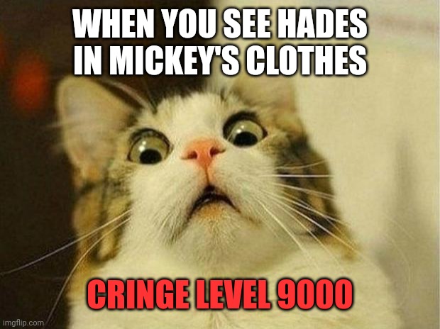 Scared Cat Meme | WHEN YOU SEE HADES IN MICKEY'S CLOTHES; CRINGE LEVEL 9000 | image tagged in memes,scared cat | made w/ Imgflip meme maker