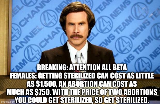 Attention all leftist women who see no value in human life | BREAKING: ATTENTION ALL BETA FEMALES: GETTING STERILIZED CAN COST AS LITTLE AS $1,500, AN ABORTION CAN COST AS MUCH AS $750. WITH THE PRICE OF TWO ABORTIONS YOU COULD GET STERILIZED, SO GET STERILIZED. | image tagged in breaking news | made w/ Imgflip meme maker