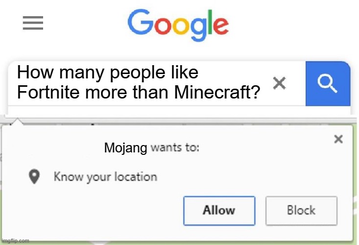 Mojang gonna be mad if you like Fortnite more than Minecraft | How many people like Fortnite more than Minecraft? Mojang | image tagged in wants to know your location | made w/ Imgflip meme maker