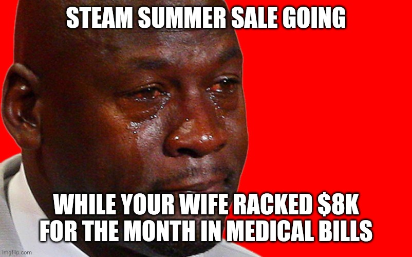 Crying Michael Jordan | STEAM SUMMER SALE GOING; WHILE YOUR WIFE RACKED $8K FOR THE MONTH IN MEDICAL BILLS | image tagged in crying michael jordan | made w/ Imgflip meme maker