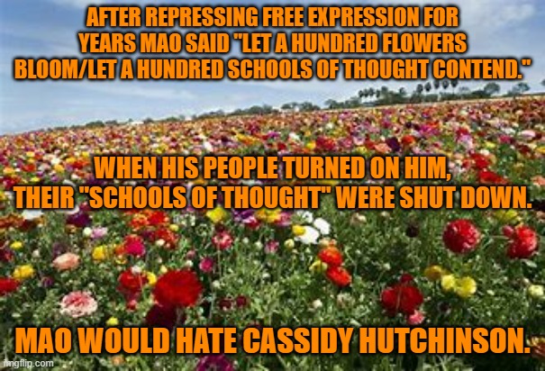 Tyrants have little tolerance for the truth. | AFTER REPRESSING FREE EXPRESSION FOR YEARS MAO SAID "LET A HUNDRED FLOWERS BLOOM/LET A HUNDRED SCHOOLS OF THOUGHT CONTEND."; WHEN HIS PEOPLE TURNED ON HIM, THEIR "SCHOOLS OF THOUGHT" WERE SHUT DOWN. MAO WOULD HATE CASSIDY HUTCHINSON. | image tagged in politics | made w/ Imgflip meme maker