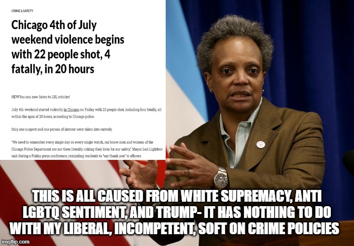 I know!  lets make more laws restricting law abiding citizen from defending themselves! | THIS IS ALL CAUSED FROM WHITE SUPREMACY, ANTI LGBTQ SENTIMENT, AND TRUMP- IT HAS NOTHING TO DO WITH MY LIBERAL, INCOMPETENT, SOFT ON CRIME POLICIES | image tagged in stupid liberals,political meme,chicago,crime,funny memes,political humor | made w/ Imgflip meme maker