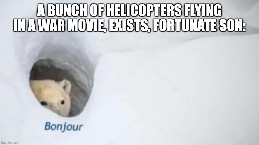 Bonjur | A BUNCH OF HELICOPTERS FLYING IN A WAR MOVIE, EXISTS, FORTUNATE SON: | image tagged in bonjur | made w/ Imgflip meme maker