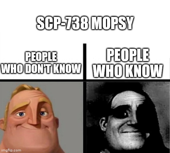 Even sadder than SCP-1762, sue me | SCP-738 MOPSY; PEOPLE WHO DON'T KNOW; PEOPLE WHO KNOW | image tagged in teacher's copy,mr incredible becoming uncanny,mr incredible,scp-738 | made w/ Imgflip meme maker