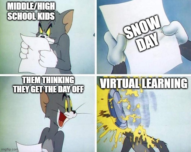 Snow Days be like... |  SNOW DAY; MIDDLE/HIGH SCHOOL KIDS; VIRTUAL LEARNING; THEM THINKING THEY GET THE DAY OFF | image tagged in tom gets pied in the face | made w/ Imgflip meme maker