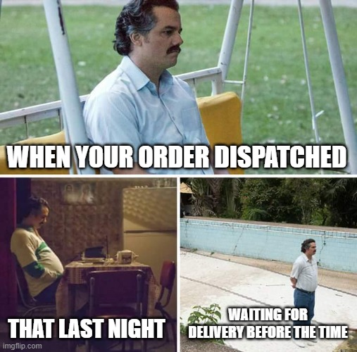 delivery meme | WHEN YOUR ORDER DISPATCHED; THAT LAST NIGHT; WAITING FOR DELIVERY BEFORE THE TIME | image tagged in memes,sad pablo escobar | made w/ Imgflip meme maker