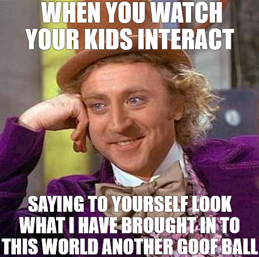 SUPER SAMPLER | WHEN YOU WATCH YOUR KIDS INTERACT; SAYING TO YOURSELF LOOK WHAT I HAVE BROUGHT IN TO THIS WORLD ANOTHER GOOF BALL | image tagged in memes,creepy condescending wonka | made w/ Imgflip meme maker