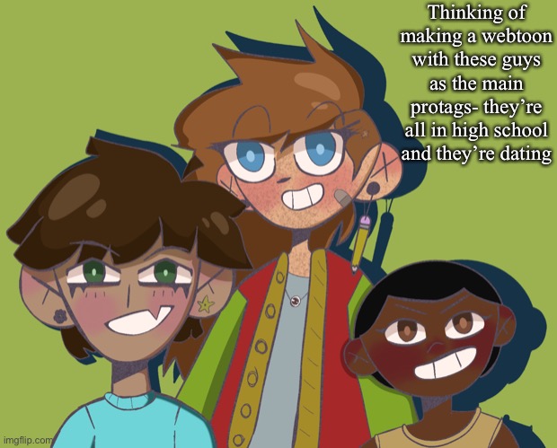 What should I name them? Right is nb, middle is female, left is male | Thinking of making a webtoon with these guys as the main protags- they’re all in high school and they’re dating | made w/ Imgflip meme maker