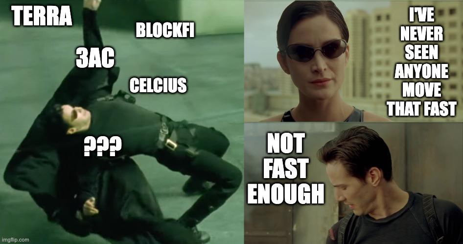 Neo aka crypto dodging bullets, but not fast enough | TERRA; I'VE NEVER SEEN ANYONE MOVE THAT FAST; BLOCKFI; 3AC; CELCIUS; NOT FAST ENOUGH; ??? | image tagged in neo,neo dodging a bullet matrix,crypto | made w/ Imgflip meme maker