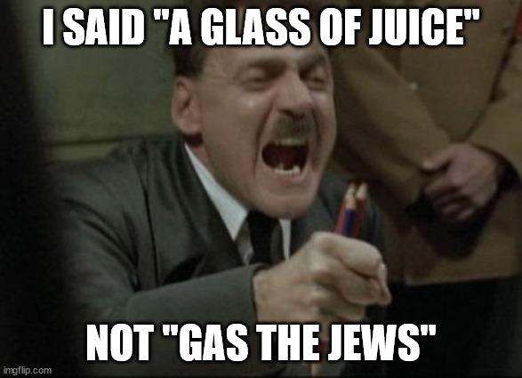Hitler Downfall | I SAID "A GLASS OF JUICE"; NOT "GAS THE JEWS" | image tagged in hitler downfall | made w/ Imgflip meme maker