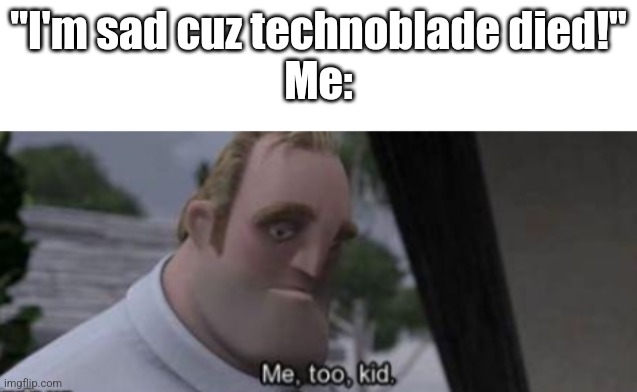 YEAH WE'RE SAD! | "I'm sad cuz technoblade died!"
Me: | image tagged in me too kid,technoblade,rip techno | made w/ Imgflip meme maker
