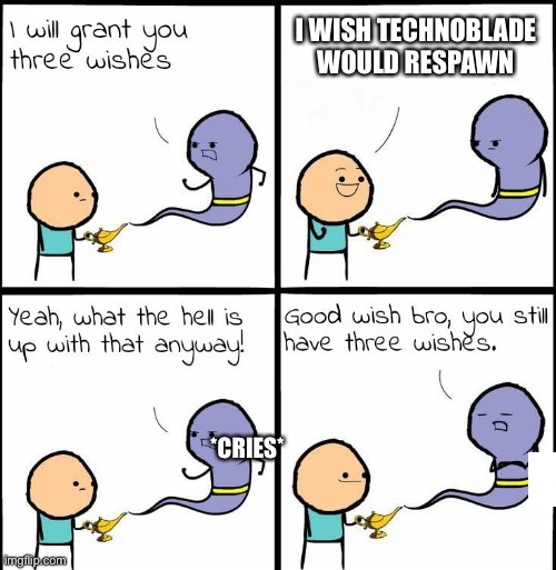 R.I.p technoblade you will be missed by all | I WISH TECHNOBLADE WOULD RESPAWN; *CRIES* | image tagged in you still have 3 wishes | made w/ Imgflip meme maker